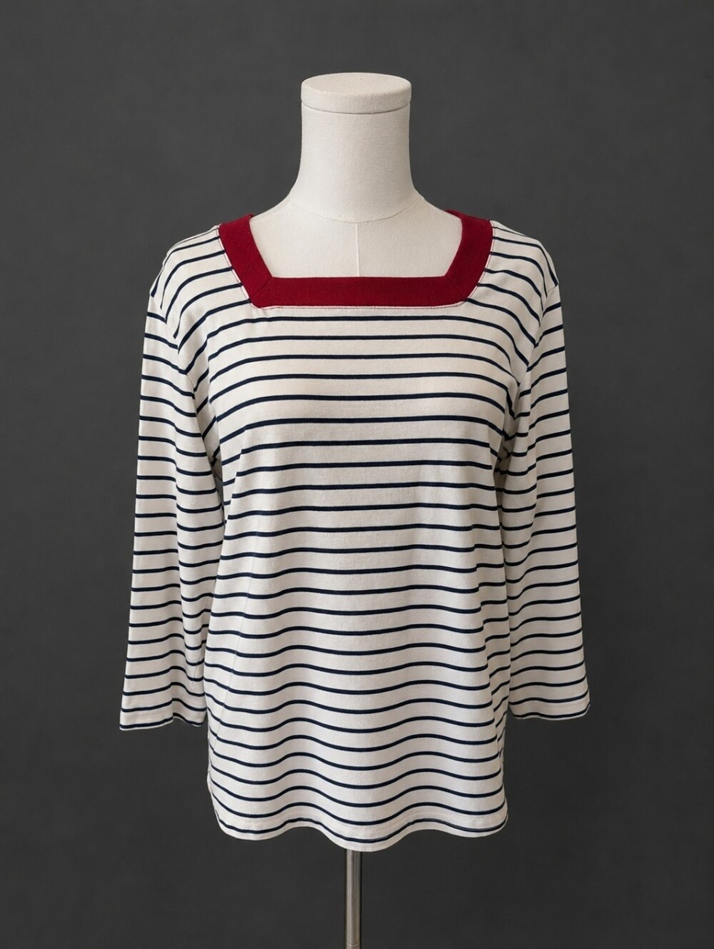 Women's White Navy Striped Long Sleeve Top with Red Square Neck- Made In Quebec